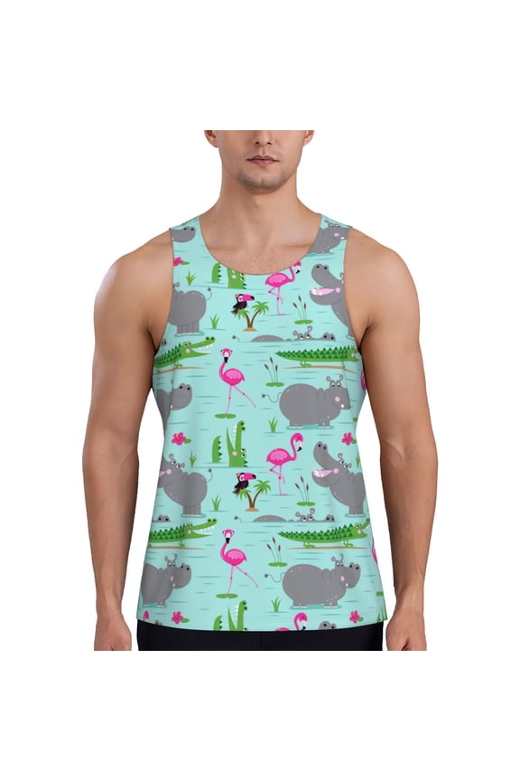 Hippo With Flamingos And Crocodiles Print Men's Workout Tank Top,Quick Dry Workout Tank Top,Gym Muscle Tee,Fitness Bodybuilding Sleeveless T Shirt-Large