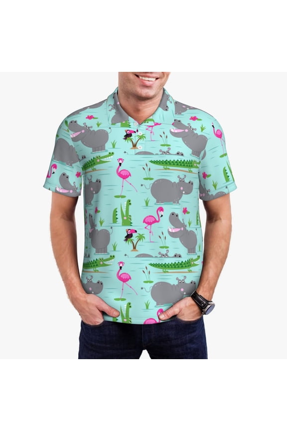 Hippo With Flamingos And Crocodiles Print Mens Polo Shirts,Mens Golf Polo Shirts,Short Sleeve Casual Polo Shirts for Men,Summer Fashion Beach Shirts-Medium