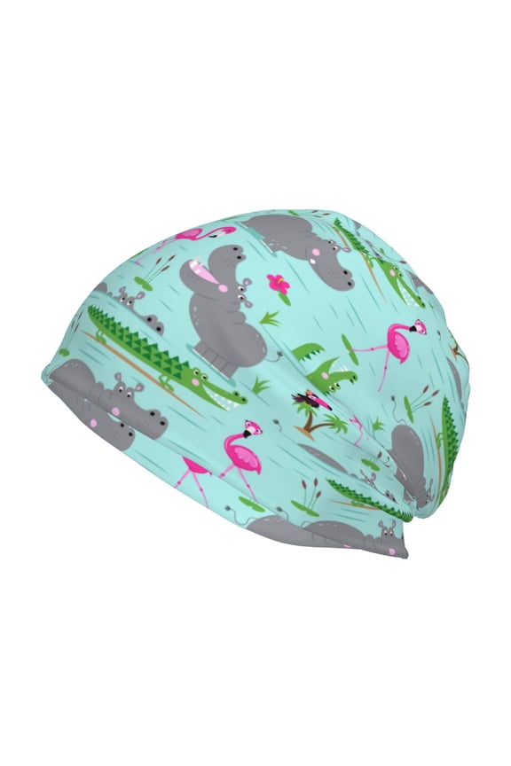 Hippo With Flamingos And Crocodiles Print Unisex Knit Beanie for Men Women Winter Hat,Beanies Skull Caps