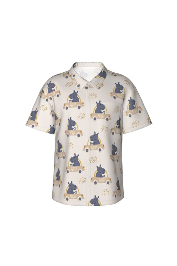 Hippos Driving A Car Print Mens Hawaiian Shirts,Loose-Fit Short Sleeve Button Down Tropical Aloha Beach Shirt,Summer Vacation Wedding Tops,3X-Large