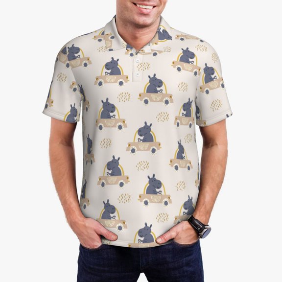 Logiee Hippos Driving A Car Print Mens Polo Shirts,Mens Golf Polo Shirts,Short Sleeve Casual Polo Shirts for Men,Summer Fashion Beach Shirts-Large