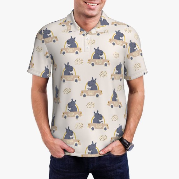 Logiee Hippos Driving A Car Print Mens Polo Shirts,Mens Golf Polo Shirts,Short Sleeve Casual Polo Shirts for Men,Summer Fashion Beach Shirts-Small