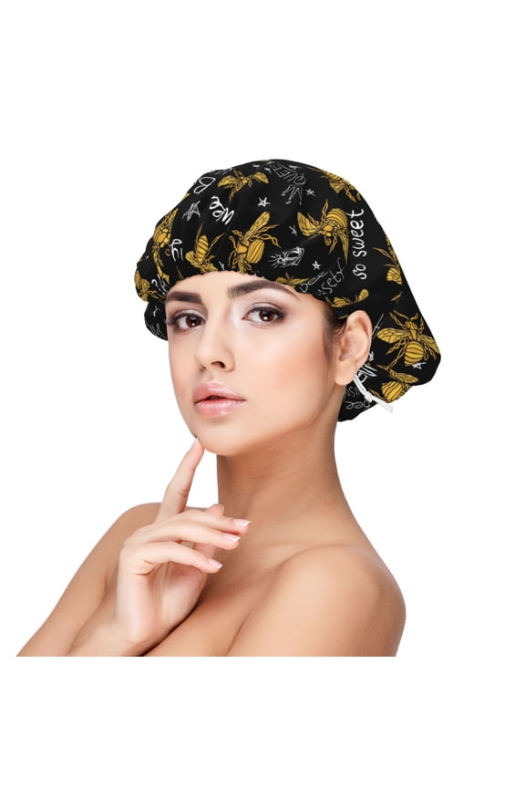Hohey Bee Golden Embroidery Print Silk Bonnet Satin Bonnet for Sleeping Women and Men,Double Layer Hair Bonnet for Curly Braids Hair