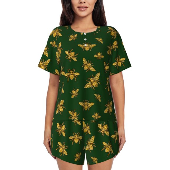 Logiee Hohey Bee Print Womens Pajamas Set,Short-Sleeve Pajama 2 Piece Sleepwear with Pockets-Large