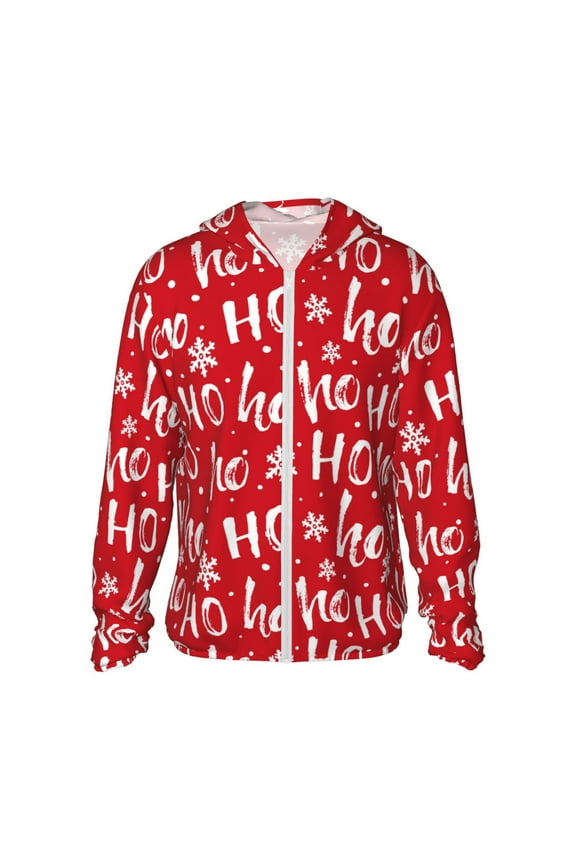 Hohoho Print Men's Women Light Jacket Full Zip Sun Protection Hoodie Long Sleeve Sun Shirts for Men Hiking Fishing Zip Pockets-Large
