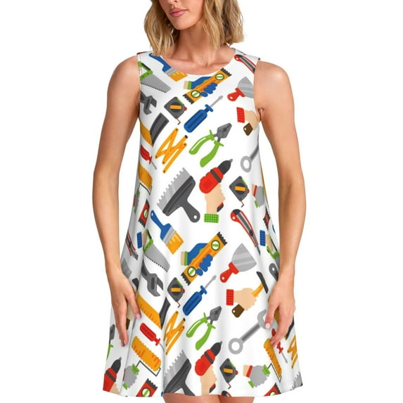 Logiee Home construction tools Print Summer Dresses for Women,Beach Sleeveless Flowy Pocket Tshirt Tank Sundresses,Women's Sleeveless Dress