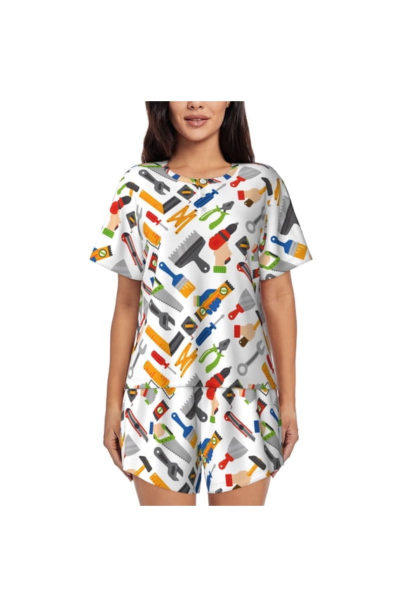 Home construction tools Print Womens Pajamas Set,Short-Sleeve Pajama 2 Piece Sleepwear with Pockets-Small