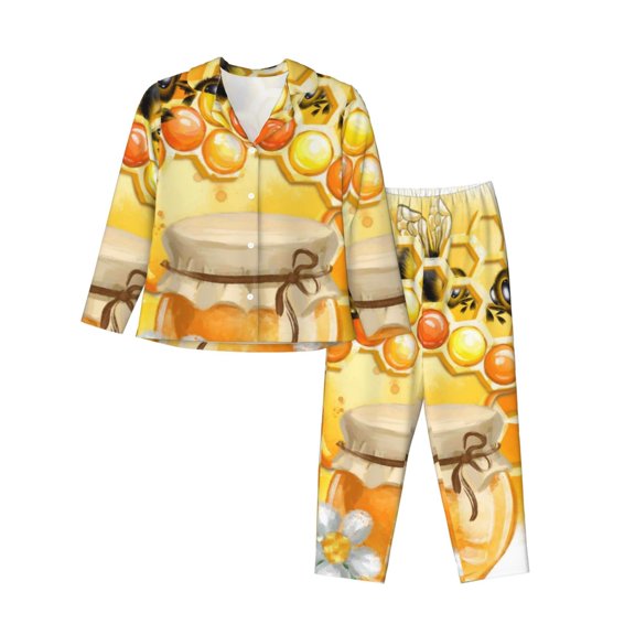 Logiee Honey Bee Print Womens Pajamas Set,Long Sleeve Sleepwear,Button Down Lounge Set 2 Pieces,Soft Nightwear Pjs Set-Medium