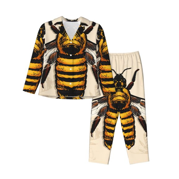 Logiee Honey Bee Print Womens Pajamas Set,Long Sleeve Sleepwear,Button Down Lounge Set 2 Pieces,Soft Nightwear Pjs Set-Medium
