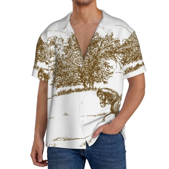 Logiee Horse Rider In Field Print Men's Button Down Shirts Short Sleeve, Summer Beach Shirts,Vacation Wedding Shirts,Men's Casual Button-Down Shirts with Pocket-Large