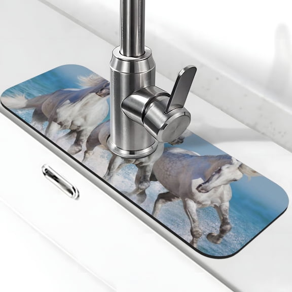 Logiee Horses Running Through The Water Print Kitchen Sink Splash Guard Faucet Mat for Splash Guard Behind Faucet Drip Catcher for Kitchen,Bathroom,Sink Mat,Dish Drying Mat,Bathroom-15" X 5.5"