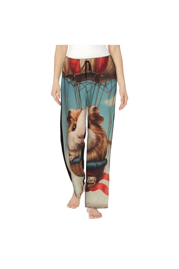 Hot Air Balloon Guinea Pig Print Women Pajama Pants,Comfy Pj Bottom with Pockets & Drawstring,Stretch Casual Sleepwear-Medium