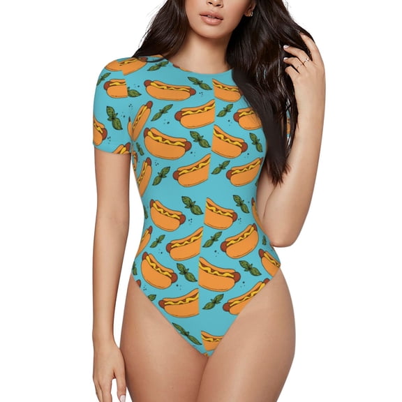 Logiee Hot Dog 5 Print Women's Short Sleeve Bodysuit,Crew Neck Soft Comfortable Fit Sexy Top,Body Suit Shirts,Short Sleeve T-Shirts-X-Large