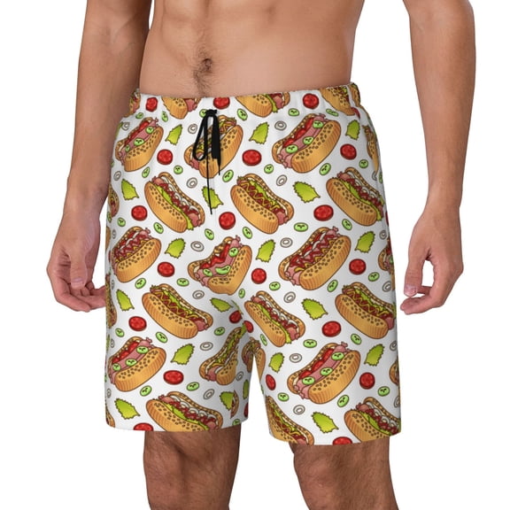 Logiee Hot Dog 7 Print Men's Swim Trunk,Quick Dry Board Shorts ,Men's Swim Trunks with Compression Liner, Bathing Suits with Pockets-XX-Large