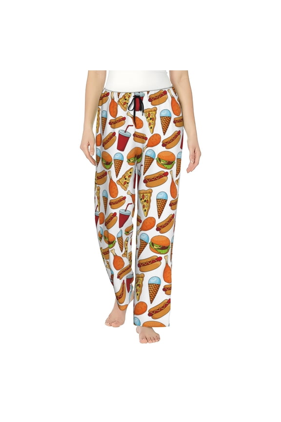 Hot Dog Burger Print Women Pajama Pants,Comfy Pj Bottom with Pockets & Drawstring,Stretch Casual Sleepwear-Small