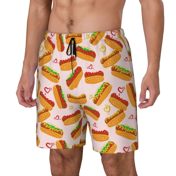 Logiee Hot Dog In Heart Print Men's Swim Trunk,Quick Dry Board Shorts ,Men's Swim Trunks with Compression Liner, Bathing Suits with Pockets-X-Large
