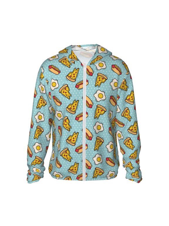 Hot Dog Pizza Print Men's Women Light Jacket Full Zip Sun Protection Hoodie Long Sleeve Sun Shirts for Men Hiking Fishing Zip Pockets-3X-Large