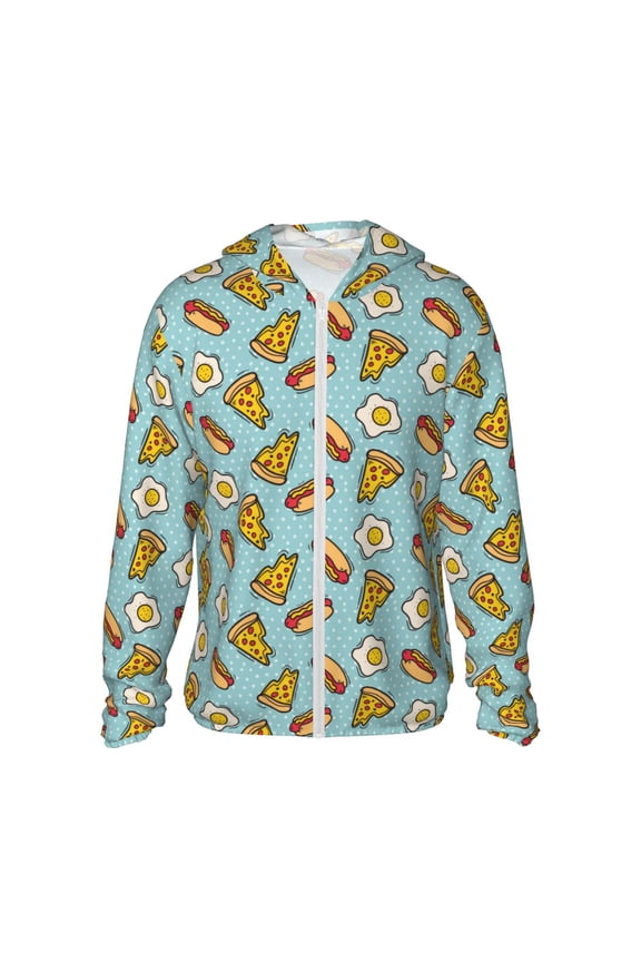 Hot Dog Pizza Print Men's Women Light Jacket Full Zip Sun Protection Hoodie Long Sleeve Sun Shirts for Men Hiking Fishing Zip Pockets-Medium