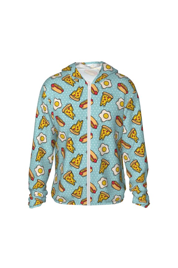 Hot Dog Pizza Print Men's Women Light Jacket Full Zip Sun Protection Hoodie Long Sleeve Sun Shirts for Men Hiking Fishing Zip Pockets-Small