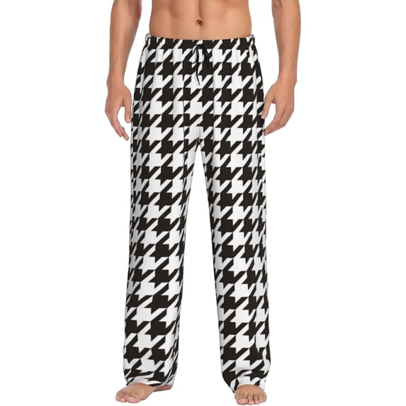 Logiee Houndstooth Black And White Print Pajama Pants for Men,Men’s Pajama Bottoms,Mens PJ Pants with Pockets & Button Fly-X-Large