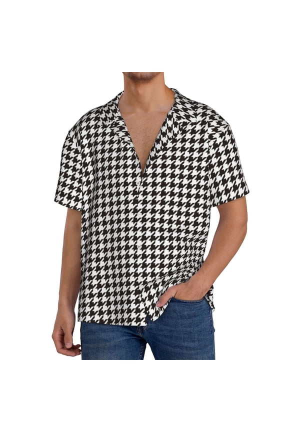 Houndstooth Black And White Print Men's Button Down Shirts Short Sleeve, Summer Beach Shirts,Vacation Wedding Shirts,Men's Casual Button-Down Shirts with Pocket-Large