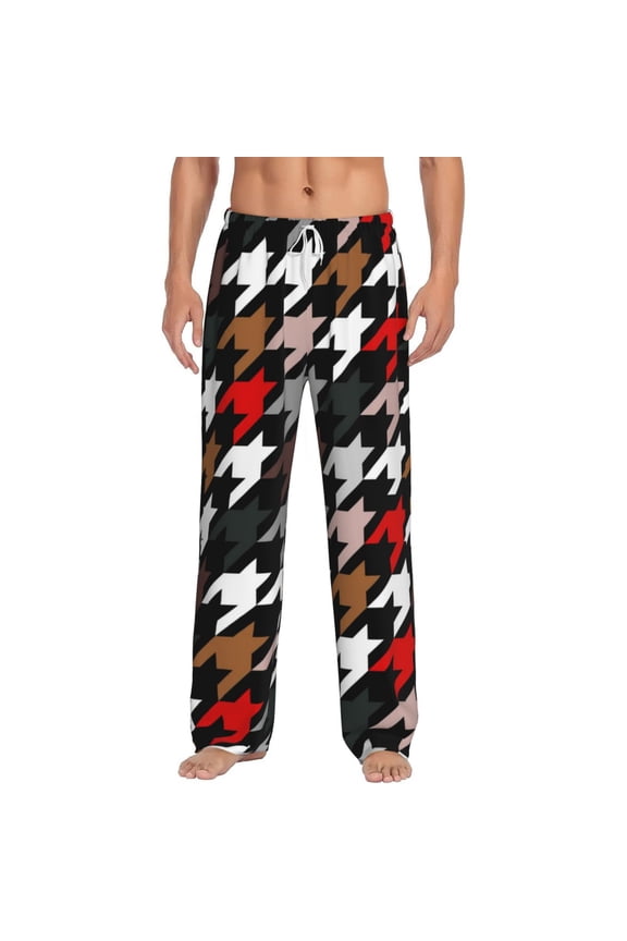 Houndstooth Green Red Print Pajama Pants for Men,Men’s Pajama Bottoms,Mens PJ Pants with Pockets & Button Fly-3X-Large