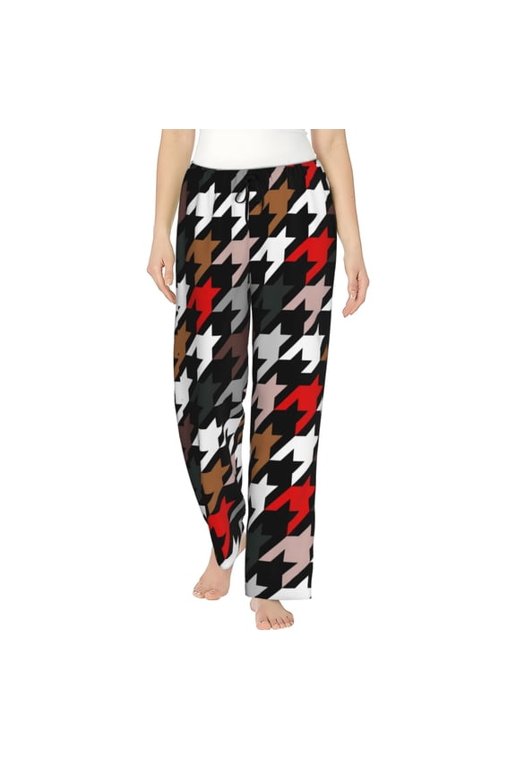 Houndstooth Green Red Print Women Pajama Pants,Comfy Pj Bottom with Pockets & Drawstring,Stretch Casual Sleepwear-Medium