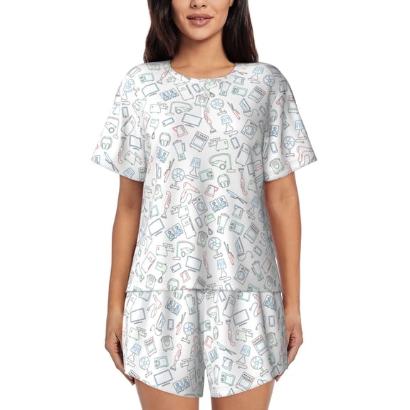 Logiee Household Appliances Print Womens Pajamas Set,Short-Sleeve Pajama 2 Piece Sleepwear with Pockets-Medium