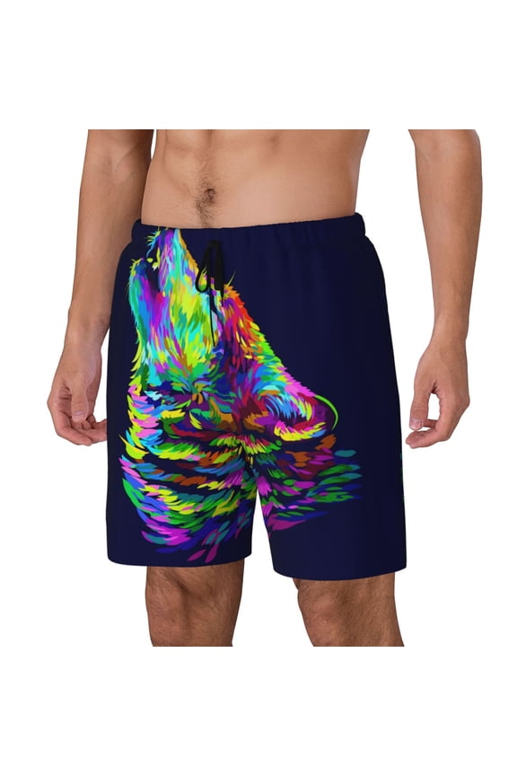 Howling Wolf Print Men's Swim Trunk,Quick Dry Board Shorts ,Men's Swim Trunks with Compression Liner, Bathing Suits with Pockets-Large