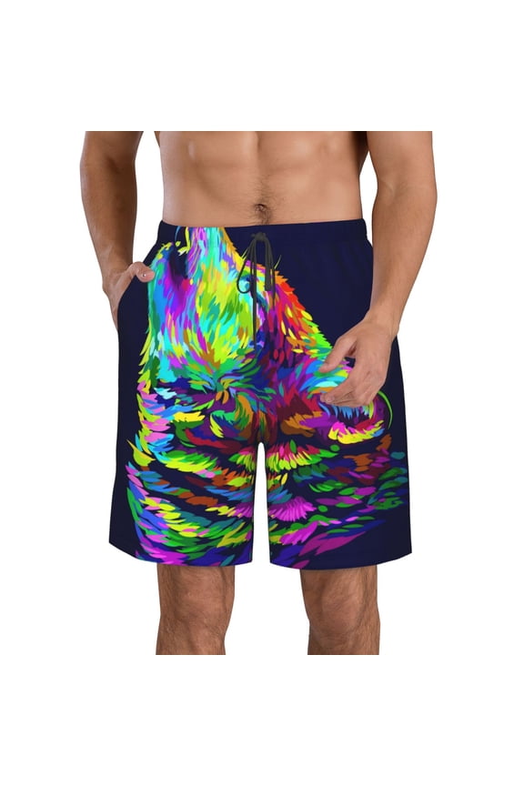 Howling Wolf Print Mens Swim Trunks Quick Dry Board Shorts,Breathable Hawaii Beach Shorts Swimwear Bathing Suits-Medium
