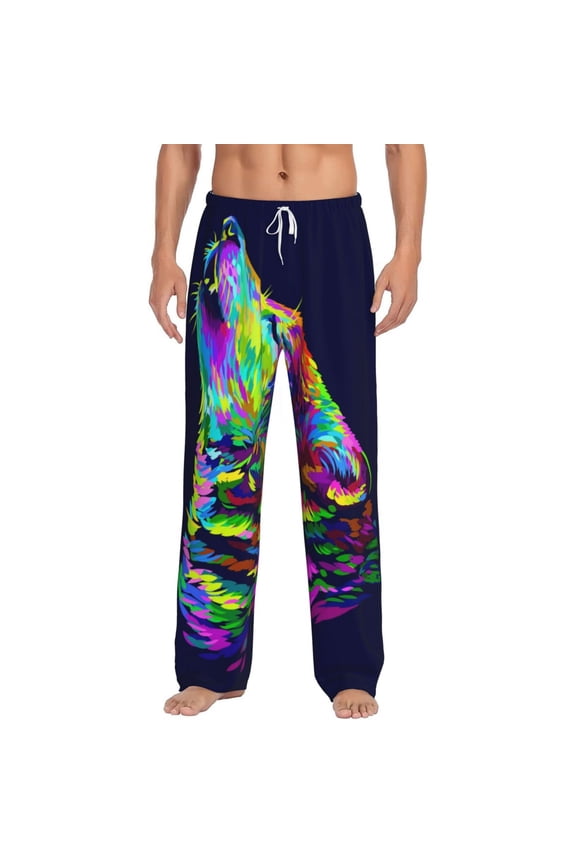 Howling Wolf Print Pajama Pants for Men,Men’s Pajama Bottoms,Mens PJ Pants with Pockets & Button Fly-3X-Large