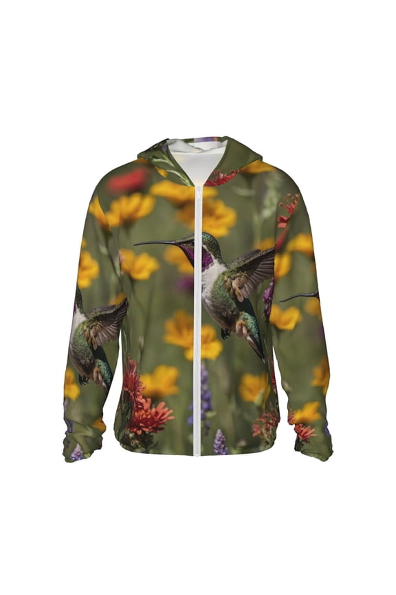 Humming Bird Print Men's Women Light Jacket Full Zip Sun Protection Hoodie Long Sleeve Sun Shirts for Men Hiking Fishing Zip Pockets-Medium