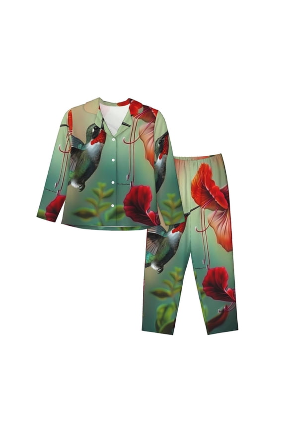 Hummingbird Floral Paradise Print Womens Pajamas Set,Long Sleeve Sleepwear,Button Down Lounge Set 2 Pieces,Soft Nightwear Pjs Set-Large