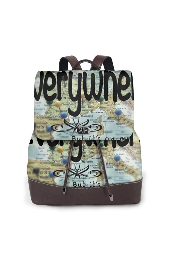 I Haven't Been Everywhere But Its On My List Print Women's Leather Backpack,Travel Laptop Backpack,Fashion Ladies Leather Backpack Bag for Travel,Leather Drawstring Daypack for Me