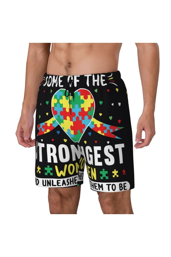 I Love With Autism Print Men's Swim Trunk,Quick Dry Board Shorts ,Men's Swim Trunks with Compression Liner, Bathing Suits with Pockets-XX-Large
