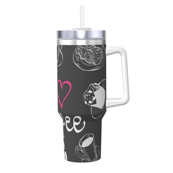 Logiee I Love Coffee Print 40OZ Ice Bully Cup with Handle and Straw, Double Wall Stainless Steel Tumbler,Travel Coffee Cup with Lid, Summer Insulation and Cooling Cup