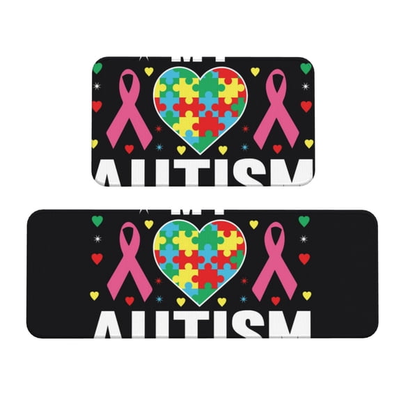 Logiee I Love My Autism Print Kitchen Mats for Floor Sets of 2,Waterproof Kitchen Rugs,Non Slip Comfort Standing Mat Rug for Home,Runner,Sink,Office,Laundry