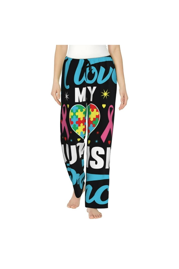 I Love My Autism Print Women Pajama Pants,Comfy Pj Bottom with Pockets & Drawstring,Stretch Casual Sleepwear-XX-Large