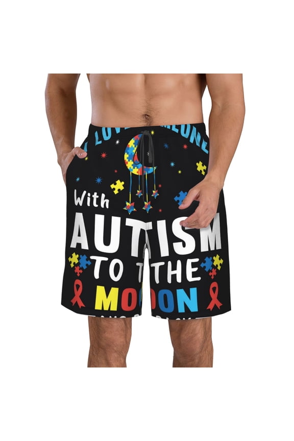 I Love With Autism To The Moon And Back Print Mens Swim Trunks Quick Dry Board Shorts,Breathable Hawaii Beach Shorts Swimwear Bathing Suits-Small