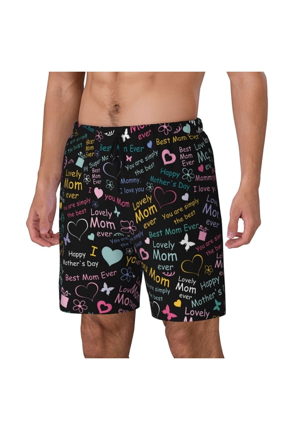 I love you Mom Print Men's Swim Trunk,Quick Dry Board Shorts ,Men's Swim Trunks with Compression Liner, Bathing Suits with Pockets-Small
