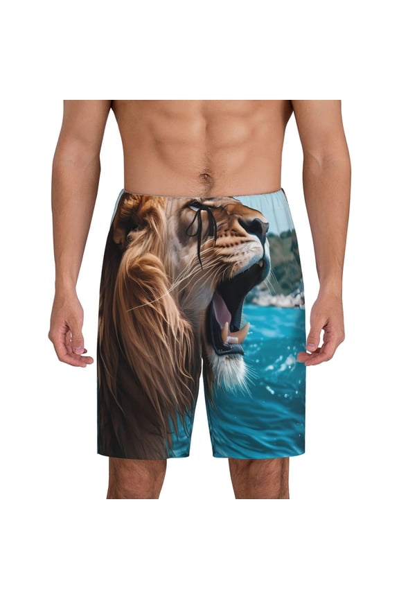 Ice Blue Coastal Lion Print Men's Pajama Shorts with Drawstring & Pockets,Sleep Shorts for Men,Sleepwear Bottoms,Elastic Waistband Loungewear-Large