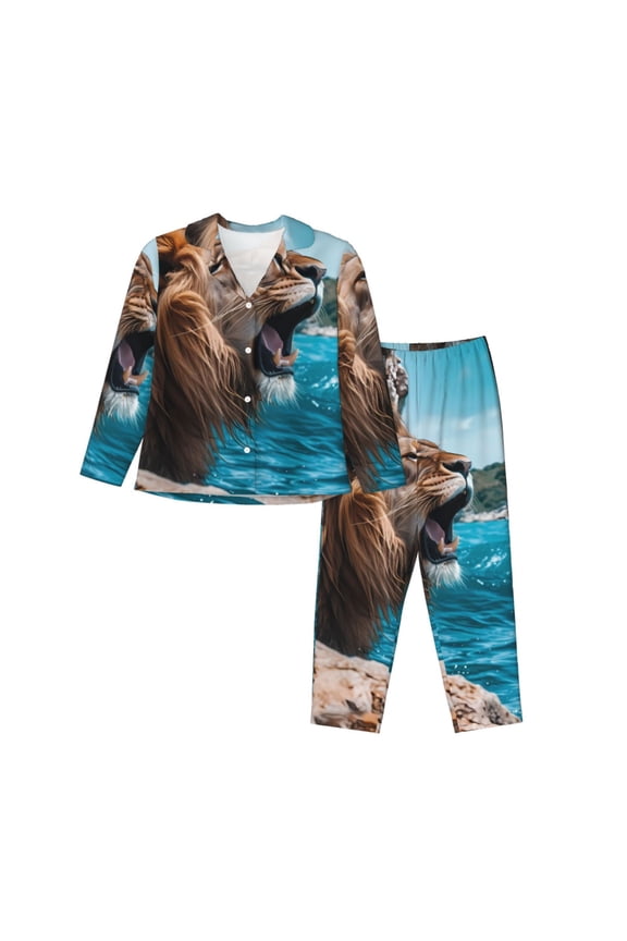 Ice Blue Coastal Lion Print Womens Pajamas Set,Long Sleeve Sleepwear,Button Down Lounge Set 2 Pieces,Soft Nightwear Pjs Set-X-Large