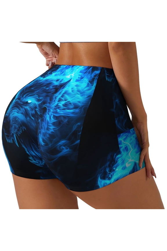 Ice Blue Fire Wolf Print Women's Biker Shorts,Workout Gym Shorts,Scrunch Shorts,Tummy Control Hidden Scrunch Running Yoga Shorts-XX-Large