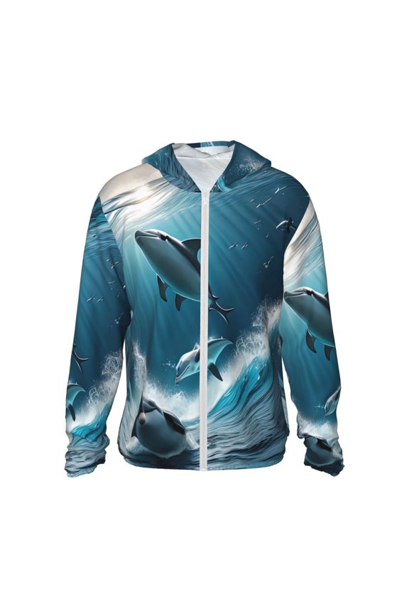 Ice Blue Ocean Cute Dolphin A Print Men's Women Light Jacket Full Zip Sun Protection Hoodie Long Sleeve Sun Shirts for Men Hiking Fishing Zip Pockets-