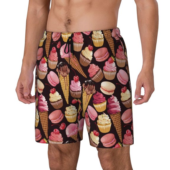 Logiee Ice Cream Cake Print Men's Swim Trunk,Quick Dry Board Shorts ,Men's Swim Trunks with Compression Liner, Bathing Suits with Pockets-Medium
