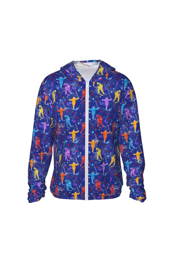 Ice Hockey Players With Puck Print Men's Women Light Jacket Full Zip Sun Protection Hoodie Long Sleeve Sun Shirts for Men Hiking Fishing Zip Pockets-X-Large
