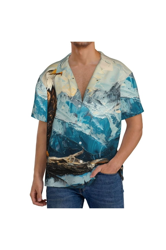 Iceberg Bald Eagle Print Men's Button Down Shirts Short Sleeve, Summer Beach Shirts,Vacation Wedding Shirts,Men's Casual Button-Down Shirts with Pocket-Medium