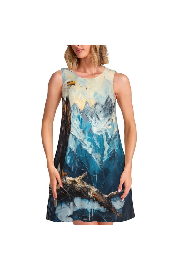 Iceberg Bald Eagle Print Summer Dresses for Women,Beach Sleeveless Flowy Pocket Tshirt Tank Sundresses,Women's Sleeveless Dress