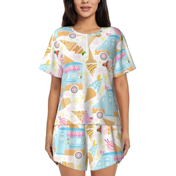 Logiee Icecream Truck Print Womens Pajamas Set,Short-Sleeve Pajama 2 Piece Sleepwear with Pockets-4X-Large