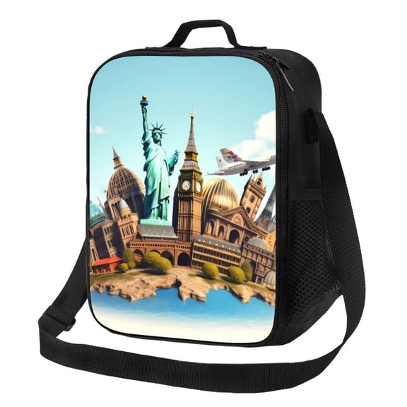 Logiee Iconic Global Landmarks Print Insulated Lunch Bag for Women/Men, Reusable Lunch Box for Office Work School Picnic Beach,Leakproof Freezable Cooler Bag with Shoulder Strap